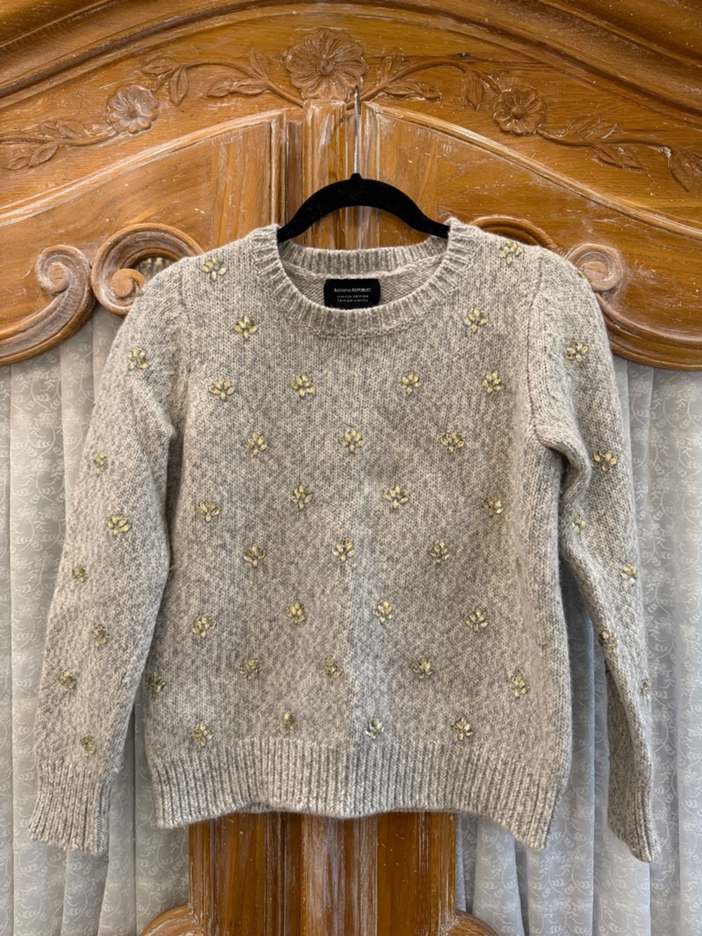 Banana Republic Heather Gray Crewneck Sweater with Gold Bead Accents